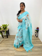 Modal Chanderi Golden Zari Floral Printed Sky Blue Saree